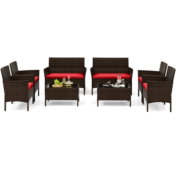 Gymax 8 Piece Patio Rattan Conversation Set Wicker Furniture Set w/ Chair Outdoor Red Cushion