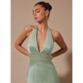 thumbnail image 6 of Mint Green Satin Halter Deep V-Neck Lace Waist Mermaid Evening Gown For Women, 6 of 6