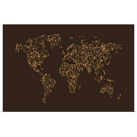 - Great BIG Canvas | Rolled Michael Tompsett Poster Print entitled World map made up of Floral Swirls - brown background