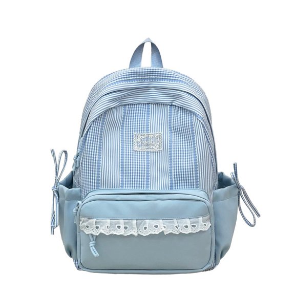 Plaid Patchwork Backpack, Lace Trim School Backpack with Side Bowknots, Spacious Bag with Multi-Compartment for Travel Shopping (Blue)