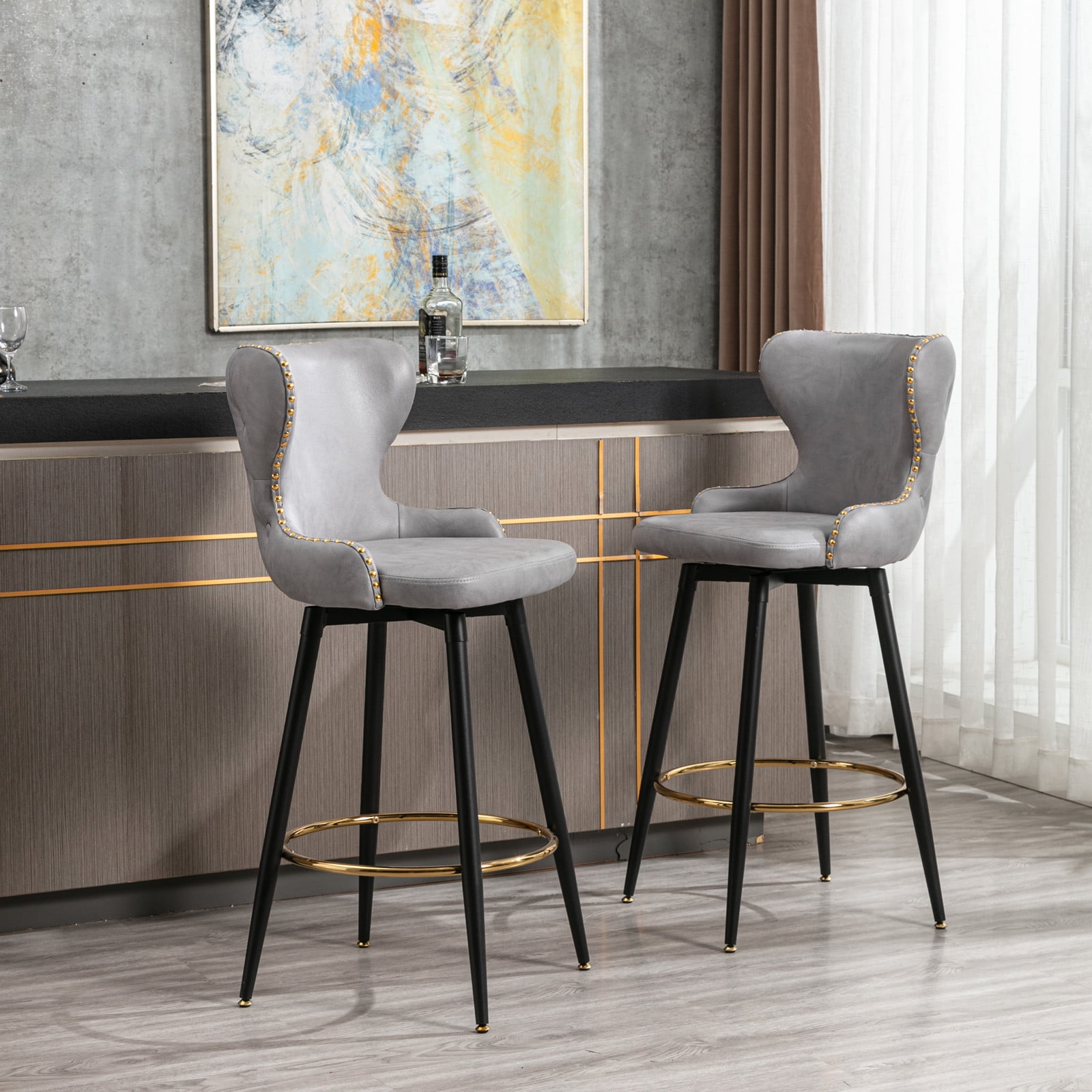 Swivel Bar Stools Set of 2，29" Modern Leathaire Upholstered Counter