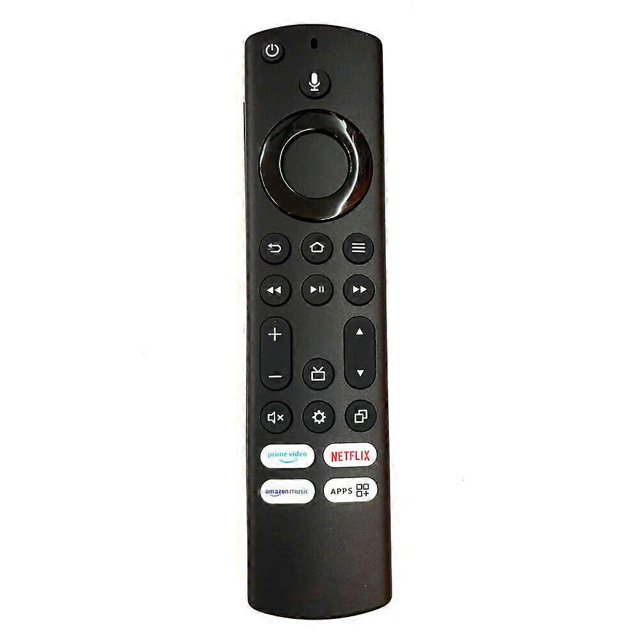 new ns-rcfna-21 control remoto para insignia fire tv voice ns-70df710na21 control remoto de reemplazo para TV Insignia, vista frontal centrada de mando negro alargado con rueda direccional circular superior, botón de micrófono y encendido, controles de reproducción y navegación, teclas de volumen y canal y botones de acceso rápido a servicios de streaming; incluye solo el control remoto.