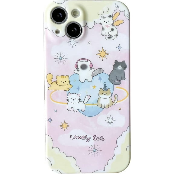 Cute Lovely Cartoon Cat Stars Soft Phone Case Compatible with iPhone Case for Women Girls (White,iPhone 15)