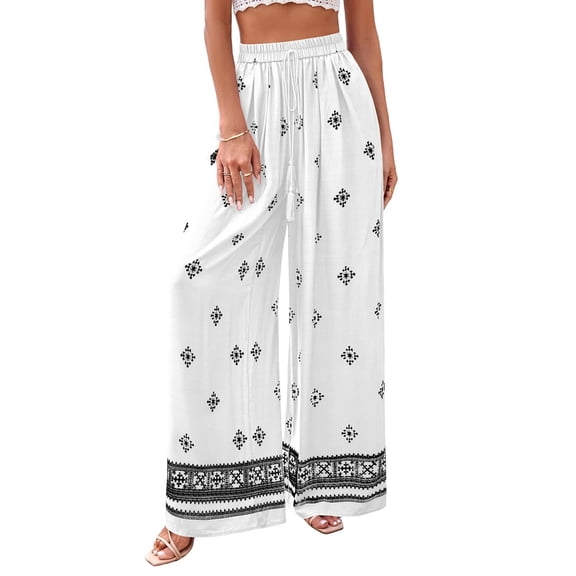Women'S Wide Leg Palazzo Pants Boho Floral Trousers Flowy Beach Vacation Clothes Resort Wear White XL