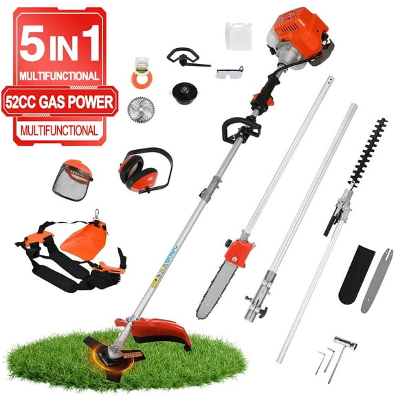 52cc 2-Stroke 5 in 1 Garden Hedge Trimmer Combo, Gas Powered Long Reach Pole Saw Grass String Trimmer Brush Tree Cutter Pruner Weed Eater Multi Functional Garden Trimming Tools