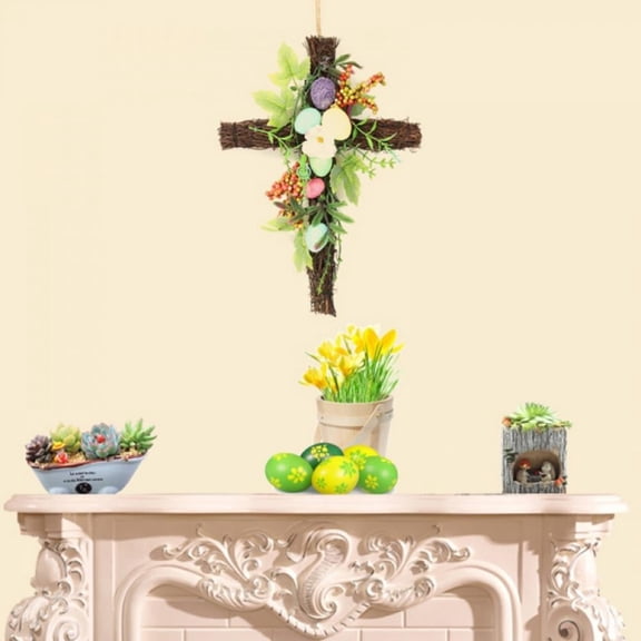 Easter Wreath Decor for Front Door, Easter Wreath with Cross Burlap Bow Religious Farmhouse Rustic Grapevine Wreath Spring Decor Garland with Flower DIY Easter Front Door Wreath for Home Decoration