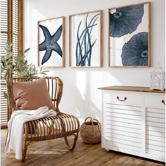Blue Beach Art Canvas Painting 3 Pieces Starfish Poster Ocean Prints Wall Pictures Coastal Beach House Decoration with Wooden Inner Frame