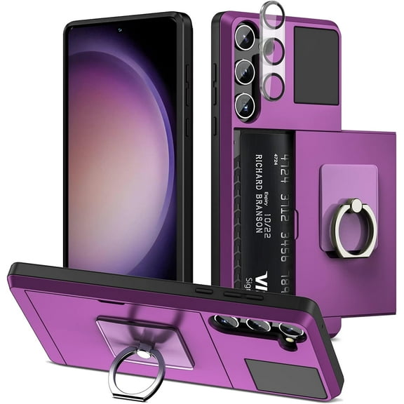 for Samsung Galaxy S23 Plus Case Wallet Credit Card Holder with Transparent Ring Stand Kickstand, Camera Lens Protector Hidden Pocket Anti-Scratch Dual Layer Slim Protective Cover 6.6" Purple
