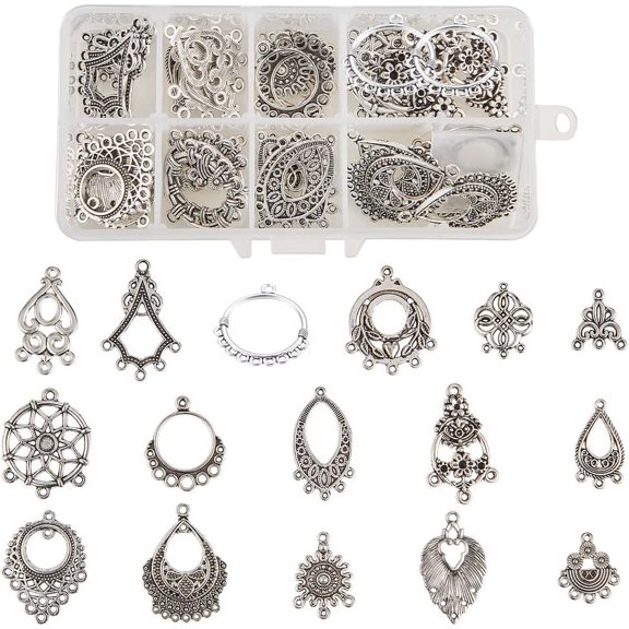 DIY 1 Box 64Pcs 16 Style Tibetan Earring Chandelier Charms Connector Linking Charm Findings Jewelry Making for Earring Drop and Charm Antique Silver Components DIY