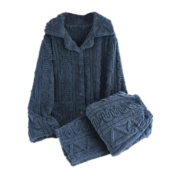 Jgppe Men's Warm Pajamas Thick Fleece Button down Long Sleeve Shirt and Long Pant Homewear