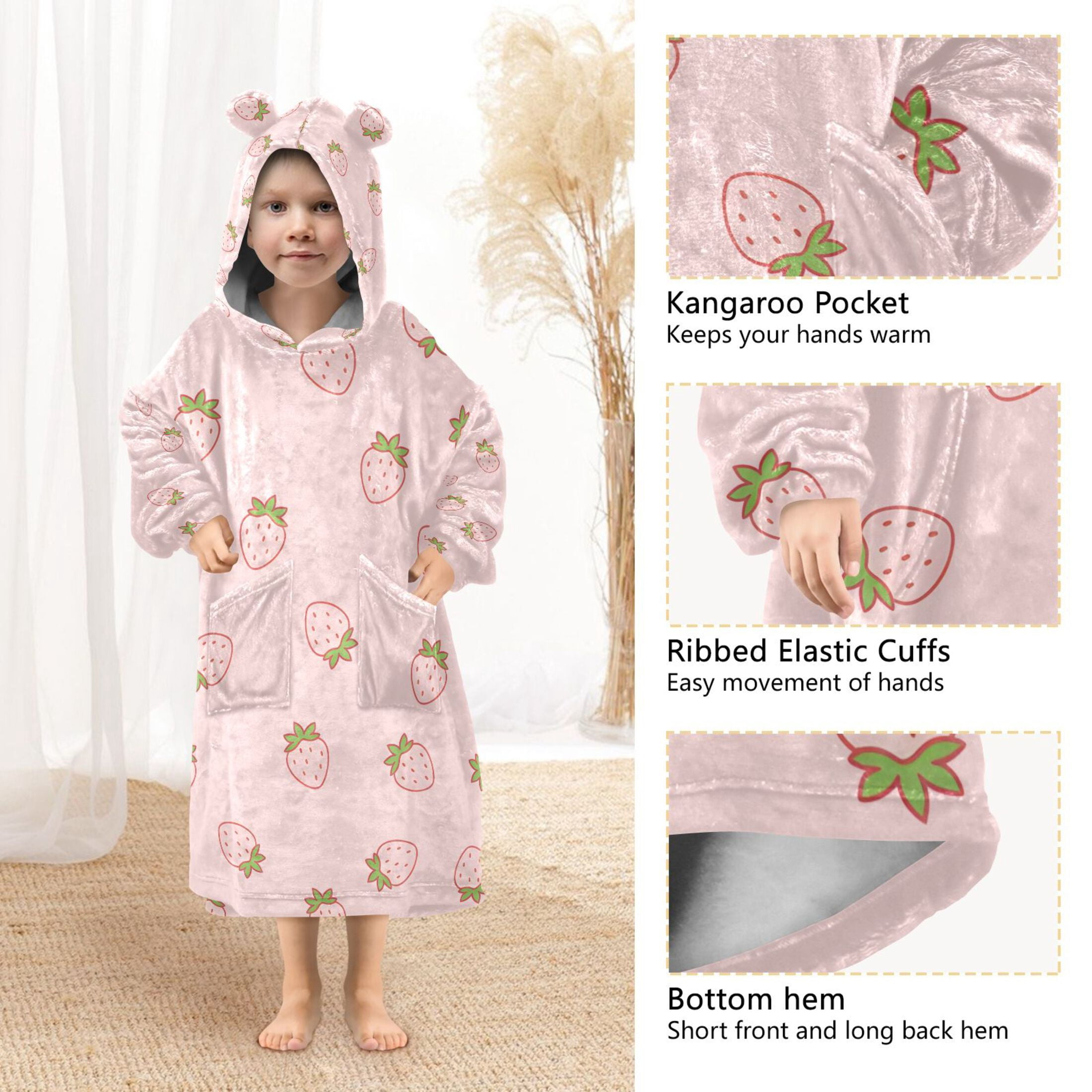 joogoo Wearable Blanket Hoodie Cute Strawberry Pink for Flannel Sherpa Pocket 3-14 YR L
