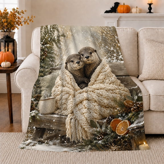 River Otters Winter Bench Scene in Rustic Whimsical Style for Otter Fans, Knit Mug Candle Forest Scene, Cozy Flannel Blanket for Bedroom and Living Room, Christmas Gift, Woodland Home Decor