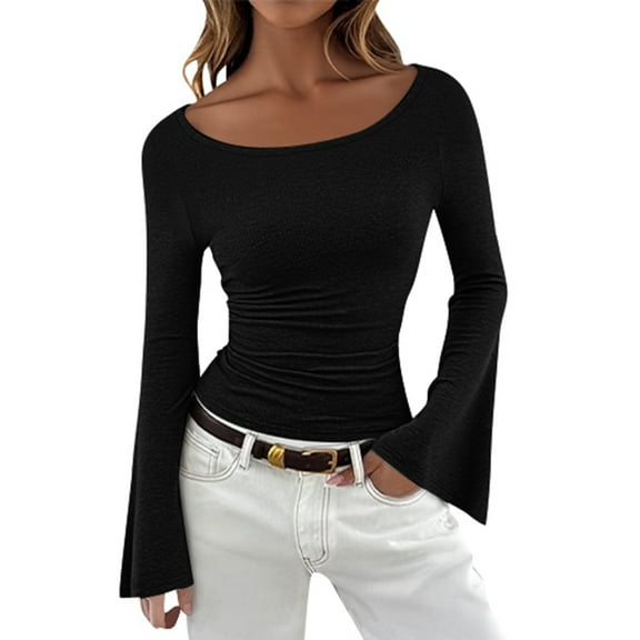 Womens Boat Neck T Shirts Solid Color Long Bell Sleeve Fitted Basic Tee Going Out 2025 Fall Trendy Ruched Tight Fitted Y2K Tops
