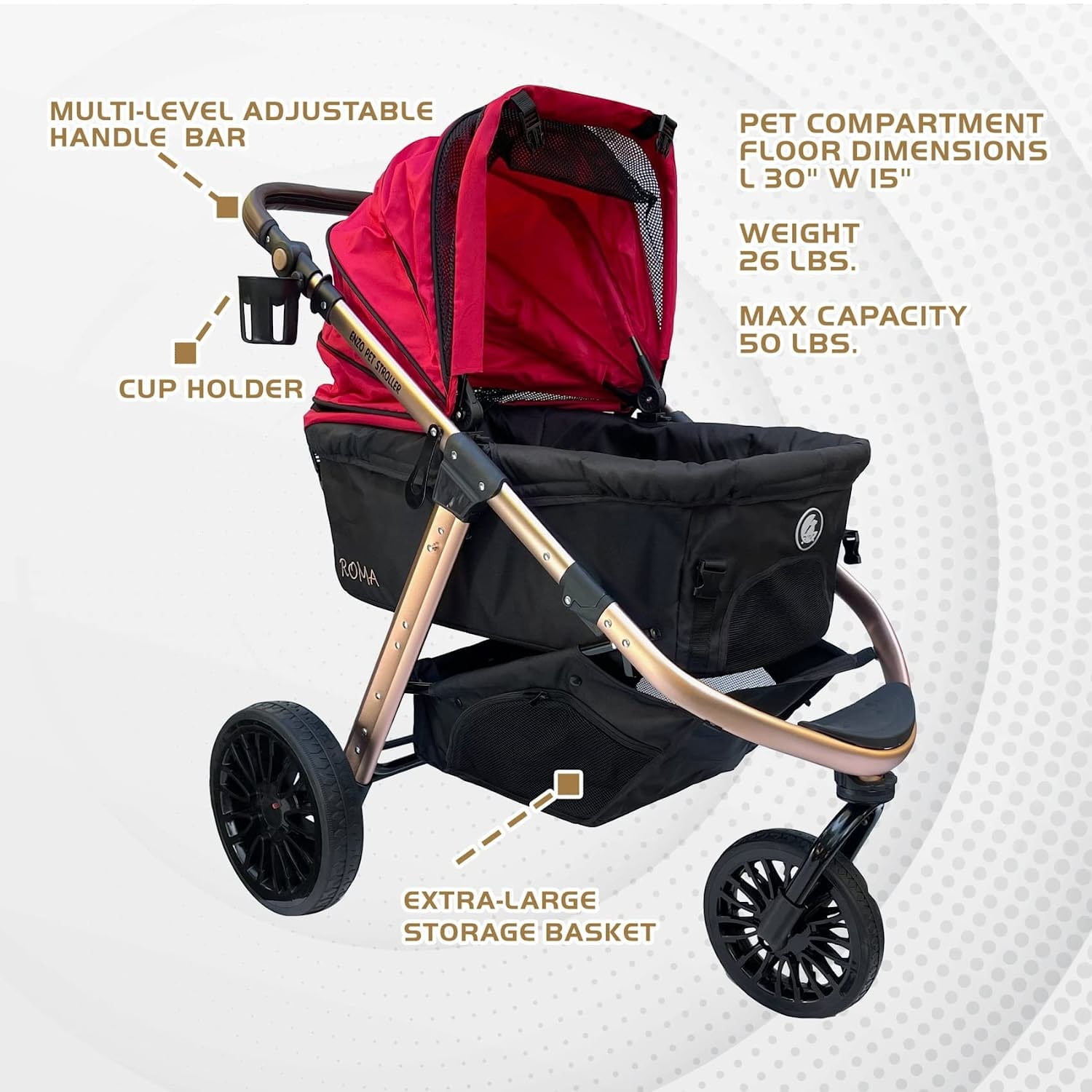 ENZO Roma, Jogging Sports Aluminum Stroller Holds Up to 50lbs (Red)