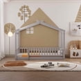 thumbnail image 2 of Twin Size Montessori Bed for Kids, Wood Floor Bed Frame, House Bed Frame with Fence & Roof, Solid Wood Playhouse Bed for Girls Boys Teens, Gray, 2 of 7