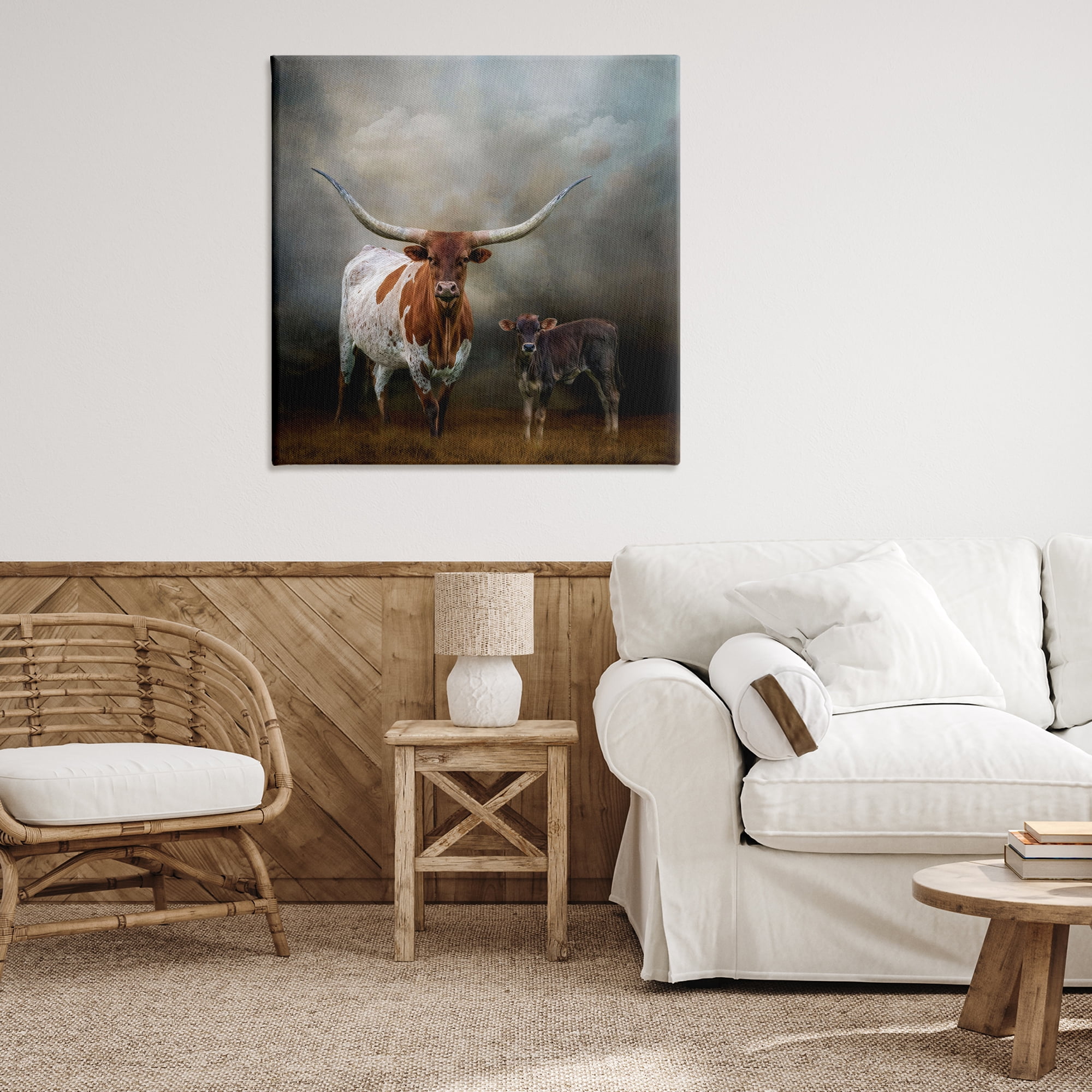 Stupell Industries Longhorn & Calf Babysitter Animals & Insects Painting Gallery Wrapped Canvas Art Print Wall Art, 36 x 36