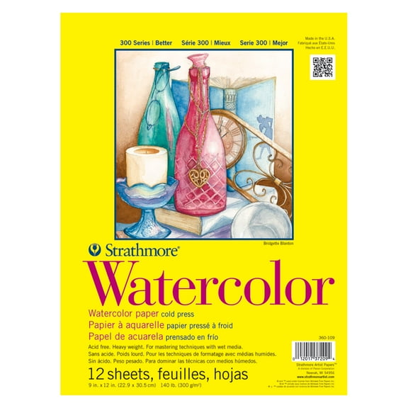 Strathmore Watercolor Paper Pad, 300 Series, Tape-Bound, 12 Sheets, 9 in x 12 in