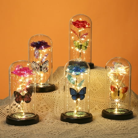 

Creative Christmas gift simulation rose luminous glass cover for girlfriend friend birthday gift butterfly acrylic cover-Red