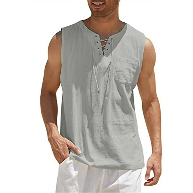 Gureui Men's Long Vest,Casual Solid Color Sleeveless Tie-up V-neck