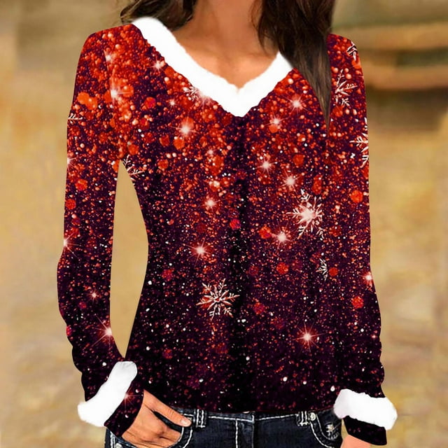 Generics Hauts pour Femmes Tendance, Haut à Col en V Uni à Manches Longues pour Femmes,/rouge,(S)