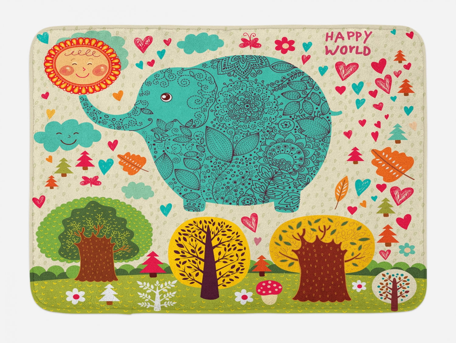 Elephant Bath Mat, Illustration with Elephant Happy World Trees leaves