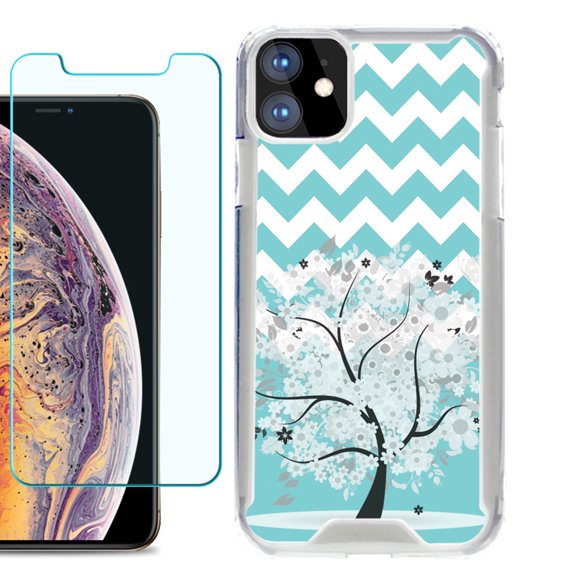 For Apple iPhone 11 Case, Hybrid Bumper Phone Case, with Tempered Glass Screen Protector, by OneToughShield ® - Chevron/Teal/Tree