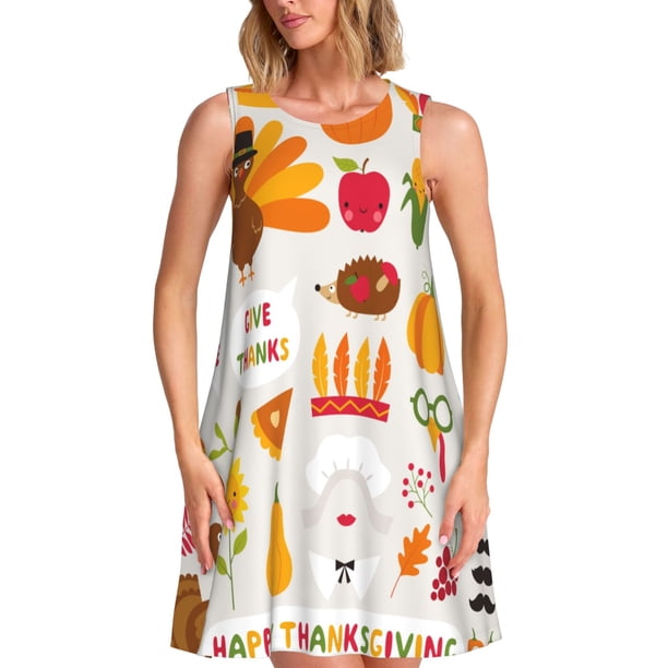 Easygdp Thanksgiving para Vestido Transpirable de Mujer, Vestido Suelto de Manga Corta con Pliegues y Bolsillos para el Verano