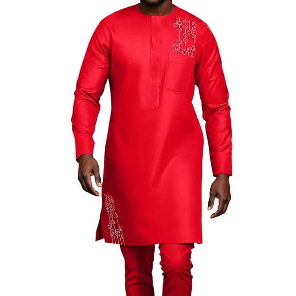 QHFBli Mens African Clothing 2 Piece Formal Outfits Wedding Attire Long Sleeve Suit Shirt and Pants Traditional Attire