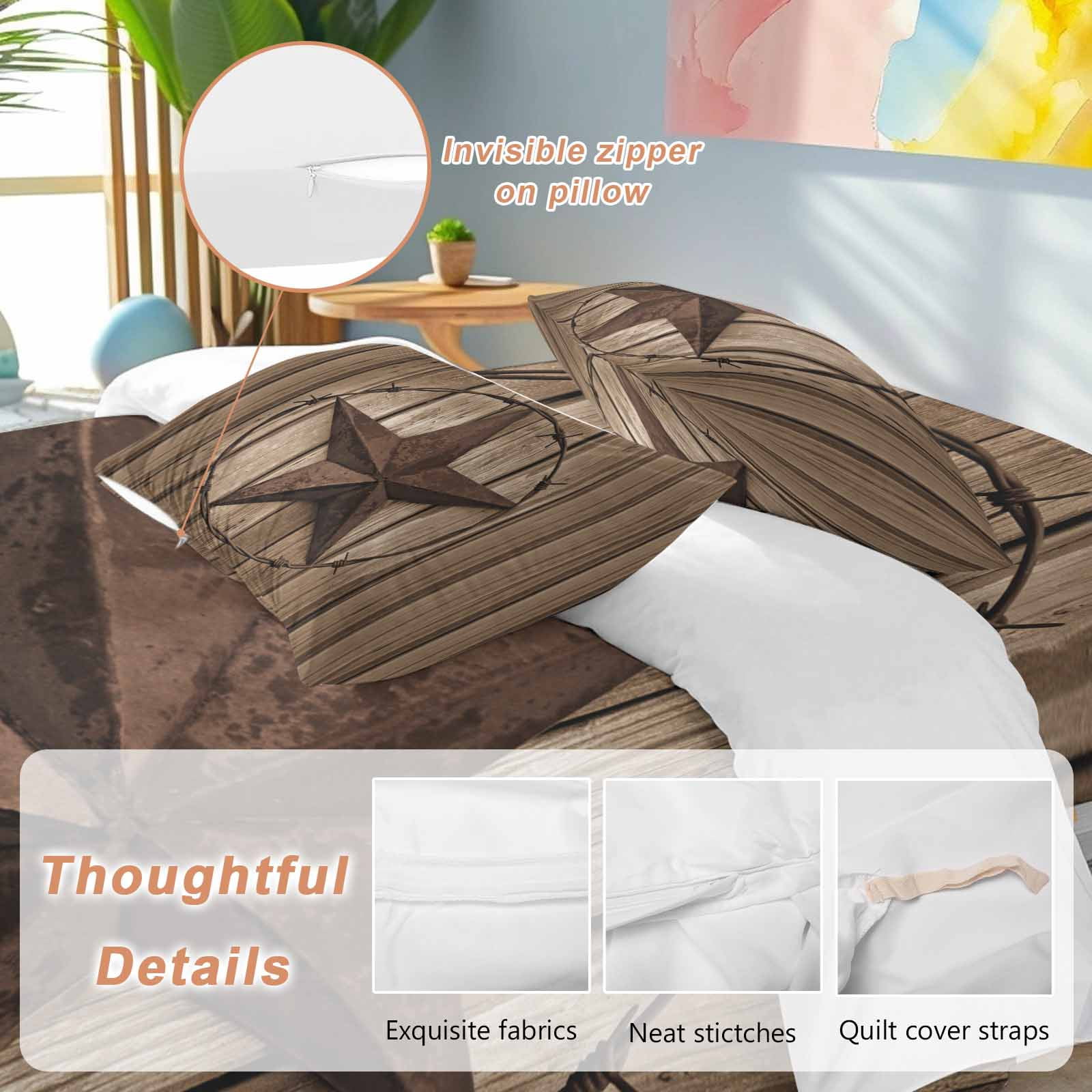 Vintage Texas Star Bedding Duvet Cover Set King Size 4 Pieces Brown Wood Grain Wire Soft Twill Plush Quilt Cover, Include 1 Duvet Cover 1 Flat Sheet And 2 Pillow