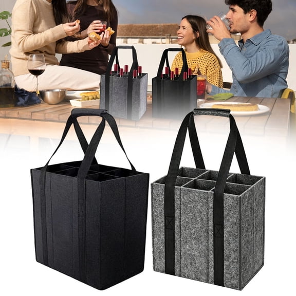 Wine Carrier Bag 6 Bottles, Bottle Bag Reusable Felt Wine Bottle Bag Holder with Handles Reusable Wine Bottle Bag for Transporting Liquor, Champagne, Beer, Drinks, Water Black 1Pcs
