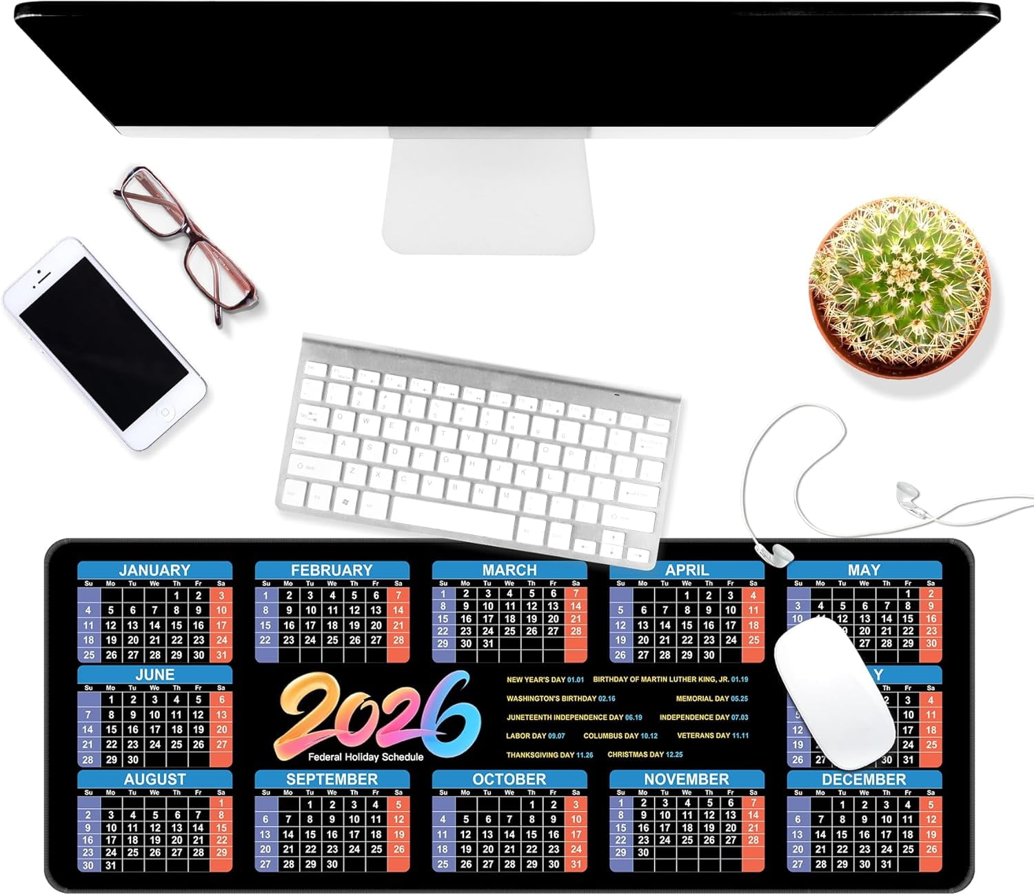 Thin Extended Gaming Mouse Pad （31.5 * 11.8 * 0.08 inch） with Stitched Edges Large Mousepad Long XXL Keyboard and Mouse pad Desk Mat for Gaming Office & Home - 2026 Calendar Holiday Schedule