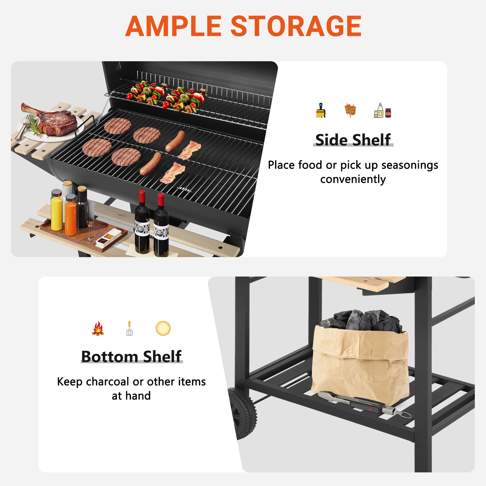 Seizeen Charcoal Grill with Thermometer & Large Cooking Space, Smoker Grill, BBQ Grills for Camping & Picnic, Iron, black