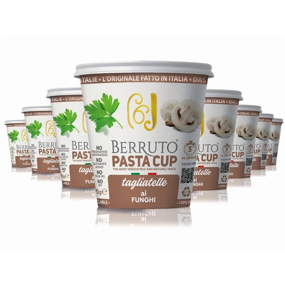 Berruto Individual Pasta Cup 2.4 oz, KKS1 Creamy Mushroom Sauce - Recyclable Microwave Pasta Food Meals - No Palm Oil, Non-Preservatives - (8 Pack)
