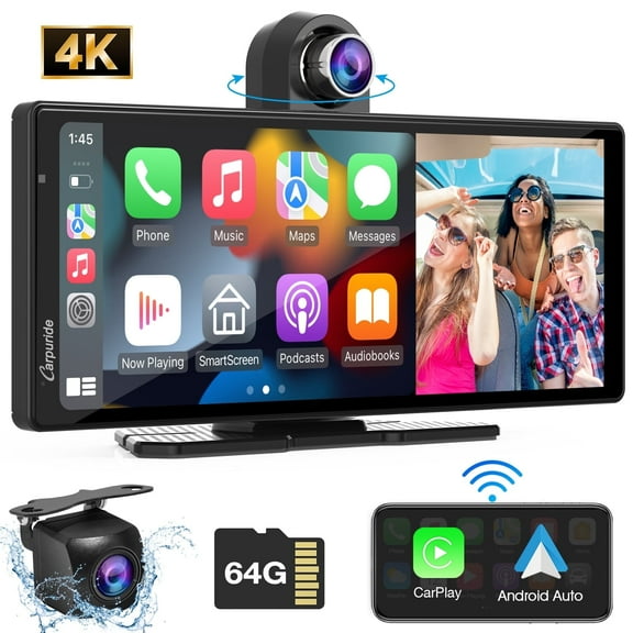 Carpuride W903 Portable Wireless Carplay & Android Auto with Dash Cam - 9.3" HD IPS Screen, 4K Front & Backup Camera, Loop Recording, Bluetooth, Mirror Link, GPS, Siri, Dashboard Mounted