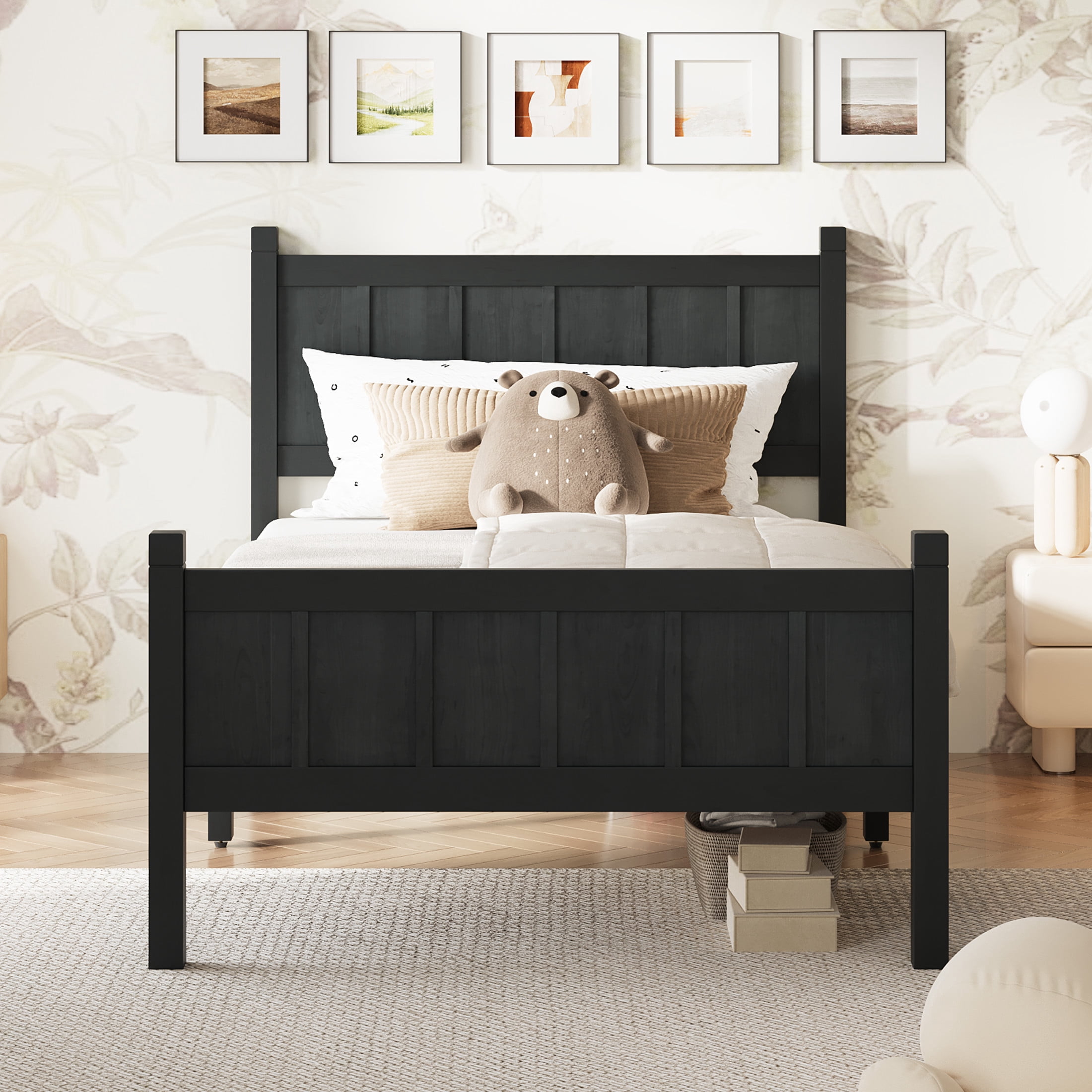 Noble House Twin Platform Bed with Headboard and Footboard, Wood Frame, Black