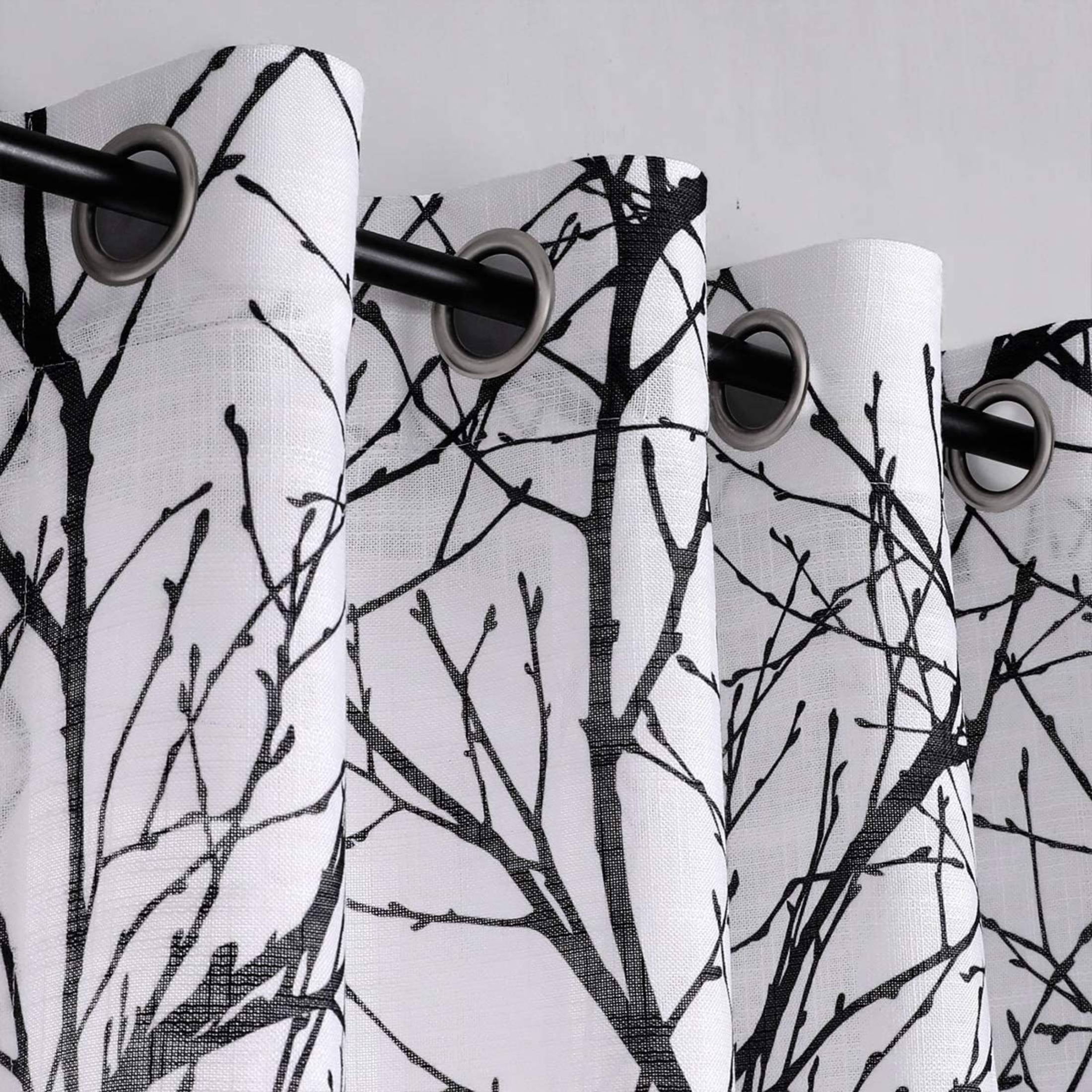 Decoultimatex White Semi Sheer Curtains Black and Grey Branches Printing on Linen Textured White Window Treatment Panels for Living Room Bedroom Drapes, 50"x96"x2