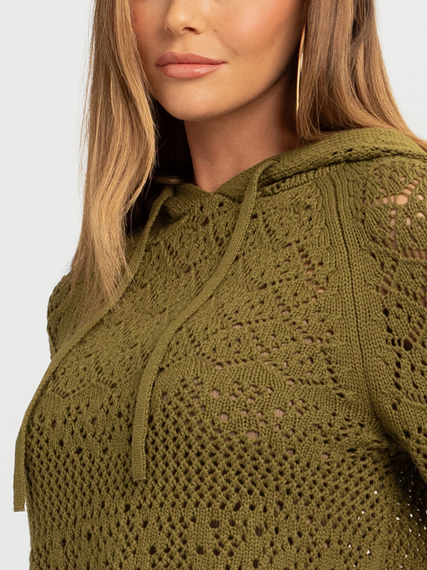 Jessica Simpson Women's Mikaela Pointelle Hoodie Sweater with Long Sleeves, Lightweight, Sizes XS-XL