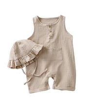 Timegard Newborn Baby Girls Clothes Sleeveless Jumpsuit Summer Button Toddler Rompers with Pocket and Cap