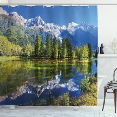 Ambesonne Outdoor Shower Curtain, Mountain Lake Evergreen, 69"Wx70"L, Blue Green White