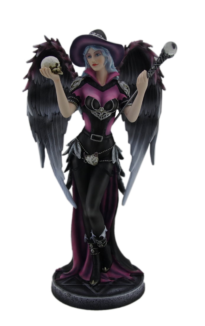 Gothic Raven Winged Necromancer Fairy Statue With Staff and Skull