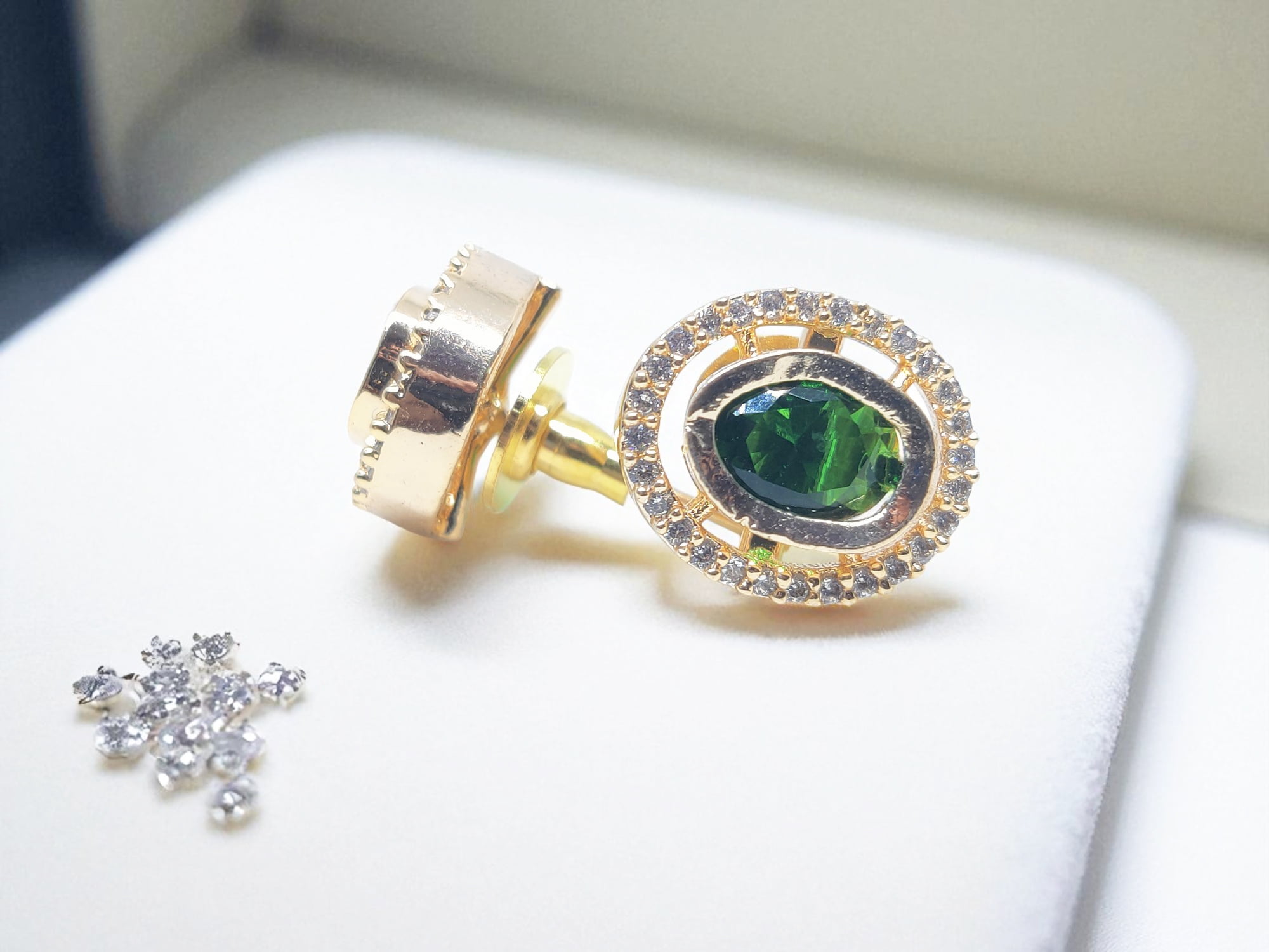Juhi Jewels Gold Tone Brass Stud Earrings for Women – Green Crystal Gem with Clear Crystal Halo, Anti-Tarnish Fashion Jewelry