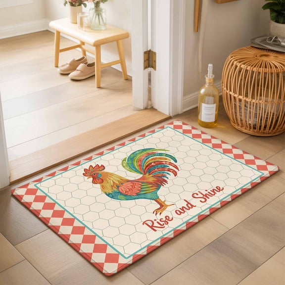 Entryway Rug 2'x3', Farmhouse Rooster Kitchen Runner Rugs Non-Slip Carpet Mats, Orange Beige Plaid Geometric Country Bedside Rugs Runners Washable Floor Carpet for Bathroom Laundry Room