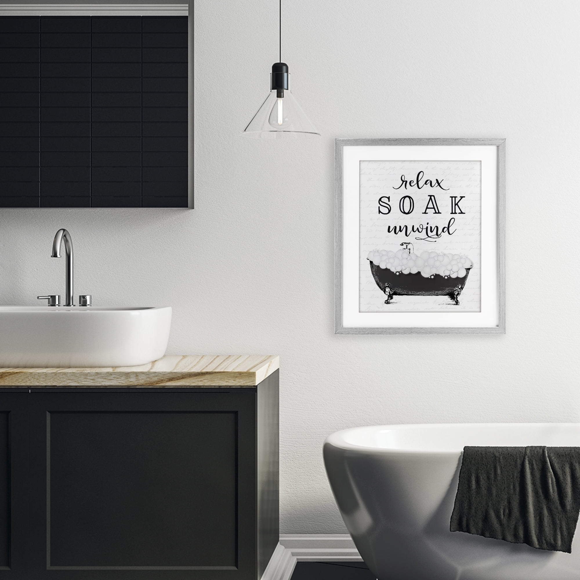 Soak Unwind Bubble Bath Gray Framed Print Under Glass, design by Lettered and Lined