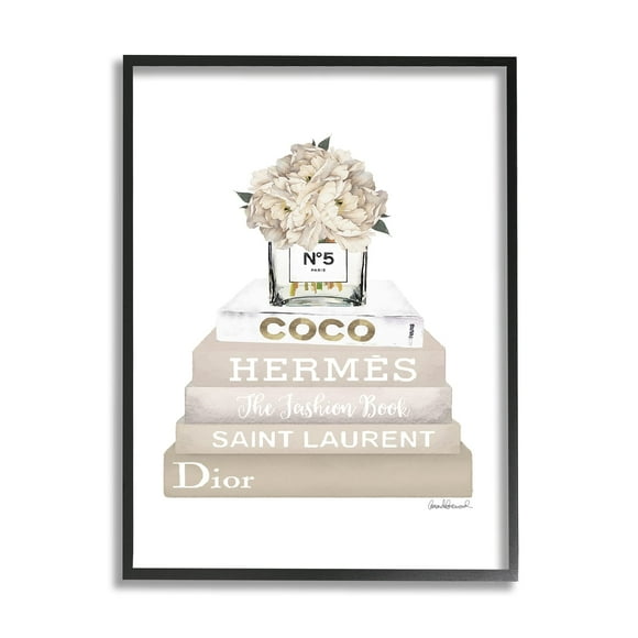 Stupell Industries High Fashion Bookstack with Tan Flowers Black Framed Wall Art, 24x30, Design by Artist Amanda Greenwood