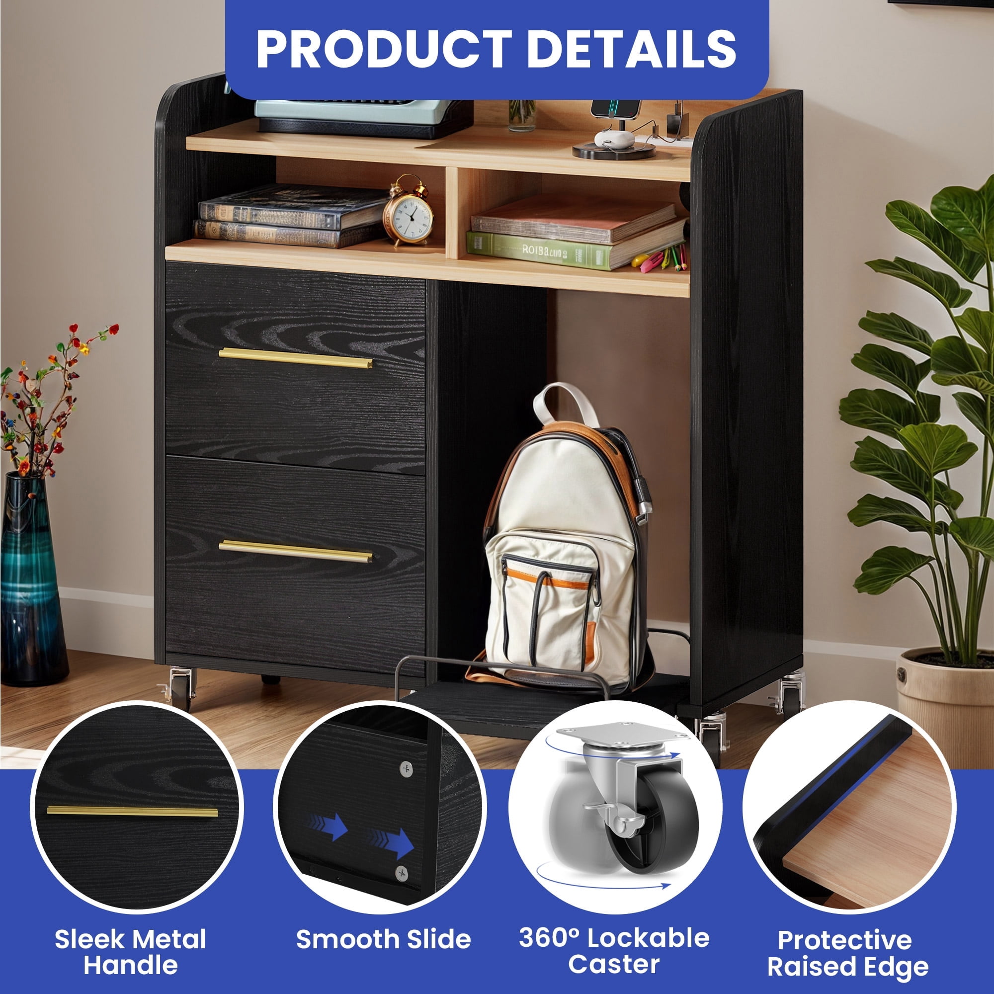 ModFusion 35.1" File Cabinet: 2-File Drawer, Charging Station, Pull-out Shelf with Carts for Paper Shredder, Wheel with Brake to Lock, 2.9x1.3x2.9 ft Printer Stand, Black