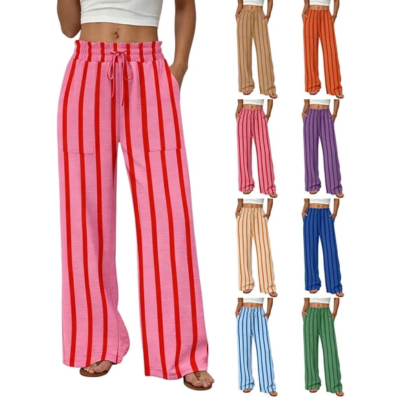 XRoczxe Women Drawstring Waist Vertical Stripe Wide Leg Pants Soft Casual Trousers With Side Pockets Vibrant Multi Color All Figure Fit for Summer Vacation Daily Wear