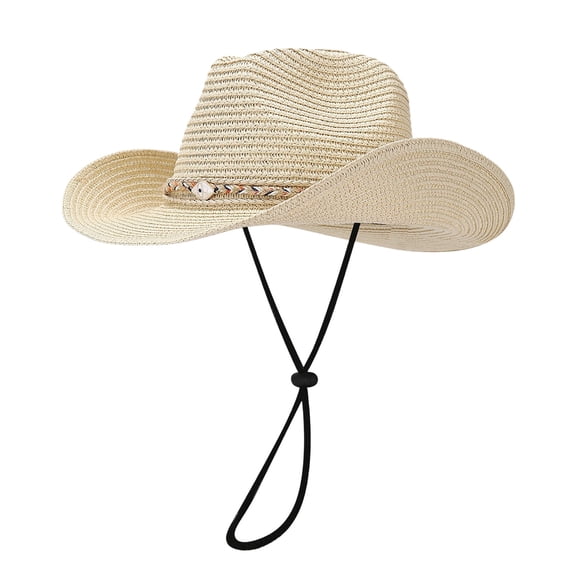 Ticikt Western Cowboy Hat Wide Brim Shapeable Panama Straw Hat Summer Beach Sun Hat Outdoor Travel Cap with Chin Strap,Color:Beige