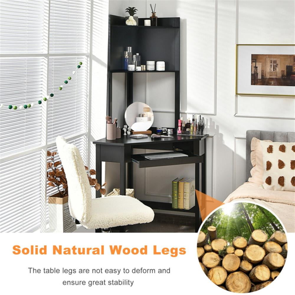 Demi Bonn Corner Computer Desk with Hutch and Storage Shelves, Small Home Office Desk Study Writing Table, Black