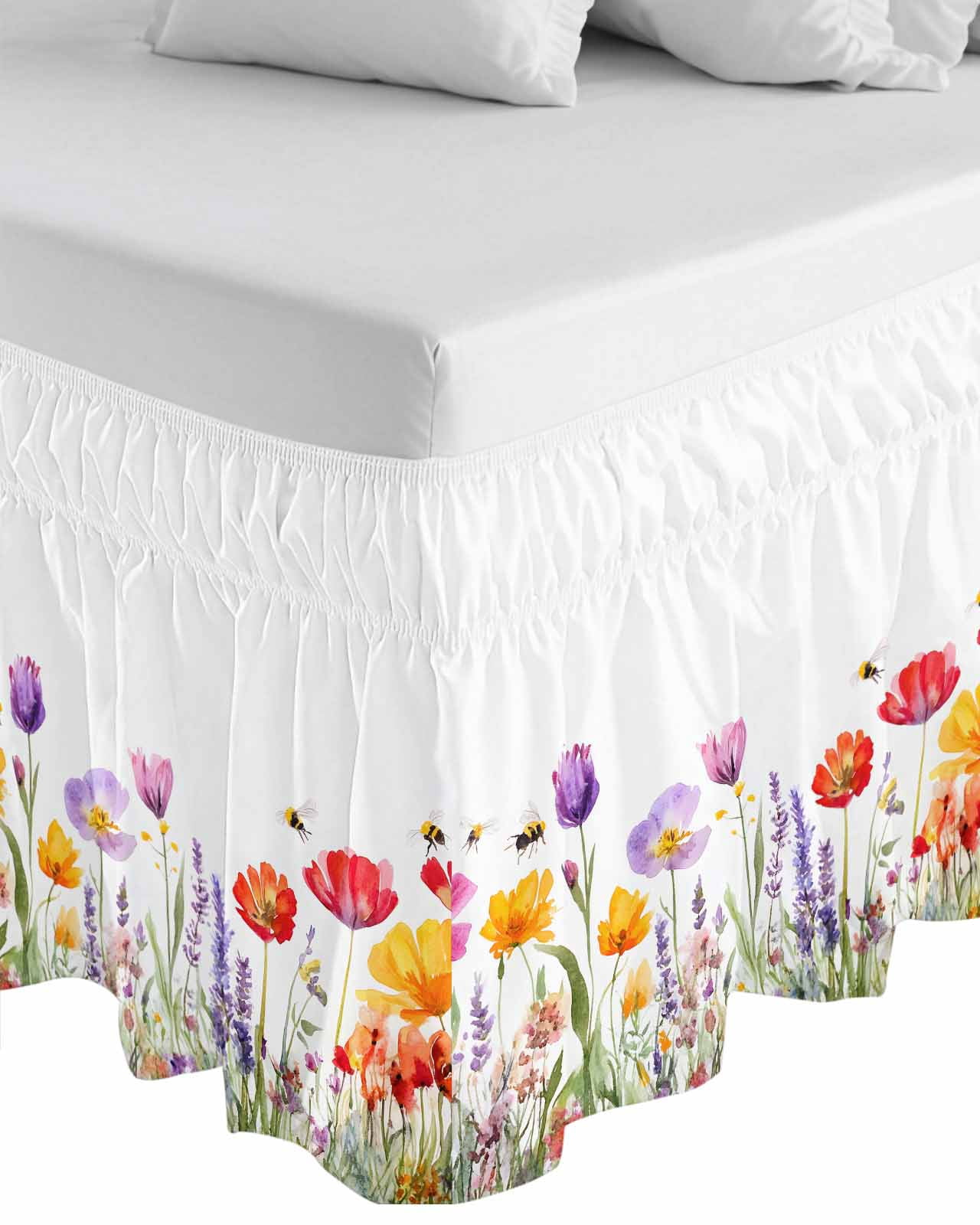 Colorful Flowers Ruffle Bed Skirt Queen Size Spring Floral Adjustable Elastic Dust Bed Skirts Wrap Around Bedskirt Wrinkle Free Easy Fit with 16 Inch Drop