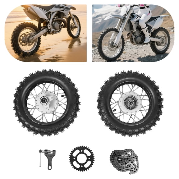 Front & Rear Wheel Set for Honda CRF50 XR50 BBR KLX Dirt Bikes 2.5-10 Alloy Tires Includes Chain & Installation Accessories